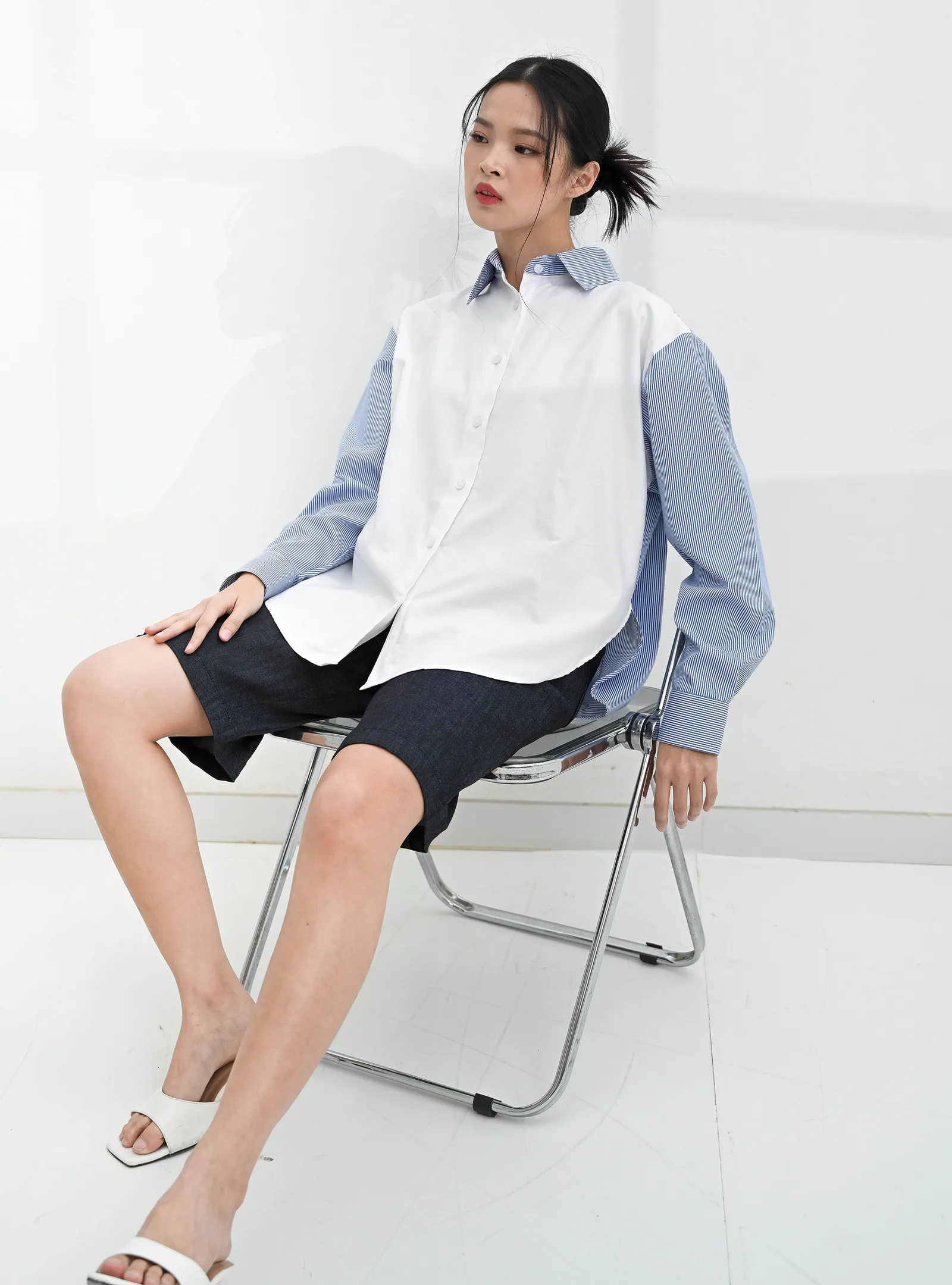 White Mela Two Tone Blue Stripe Oxford Shirt, photo 4 of 6