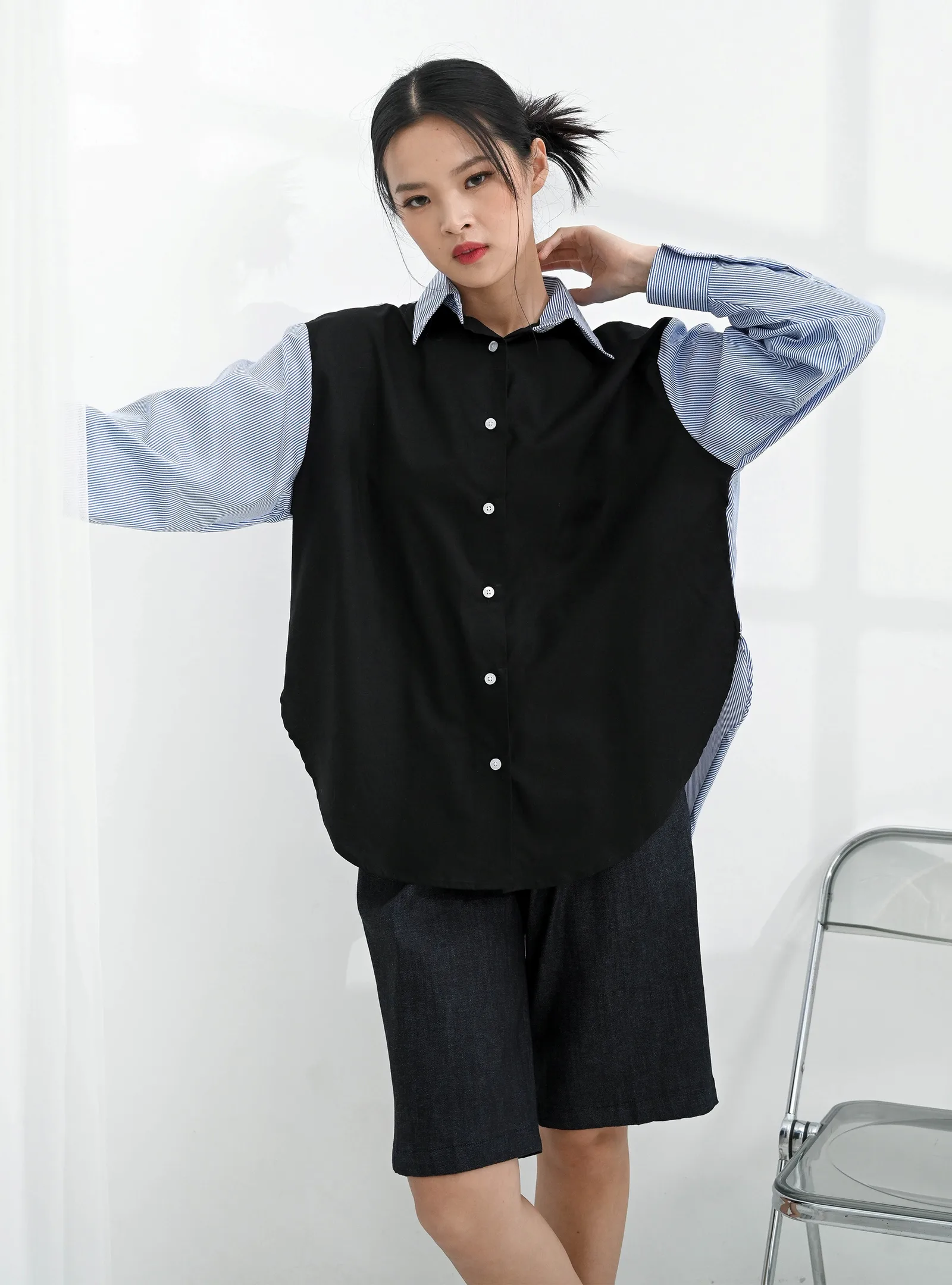 Black Mela Two Tone Blue Stripe Oxford Shirt, photo 2 of 6