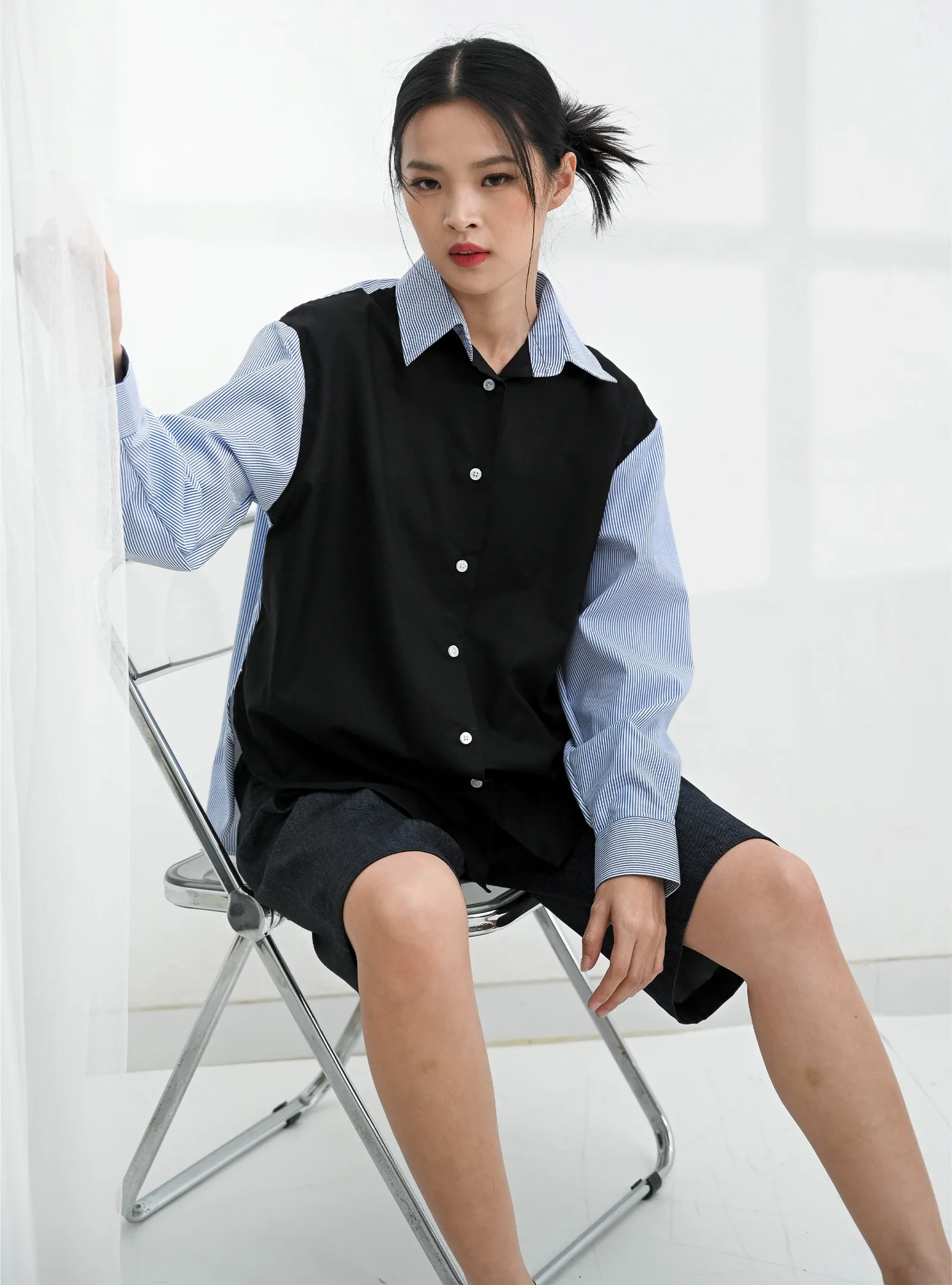 Black Mela Two Tone Blue Stripe Oxford Shirt, photo 3 of 6