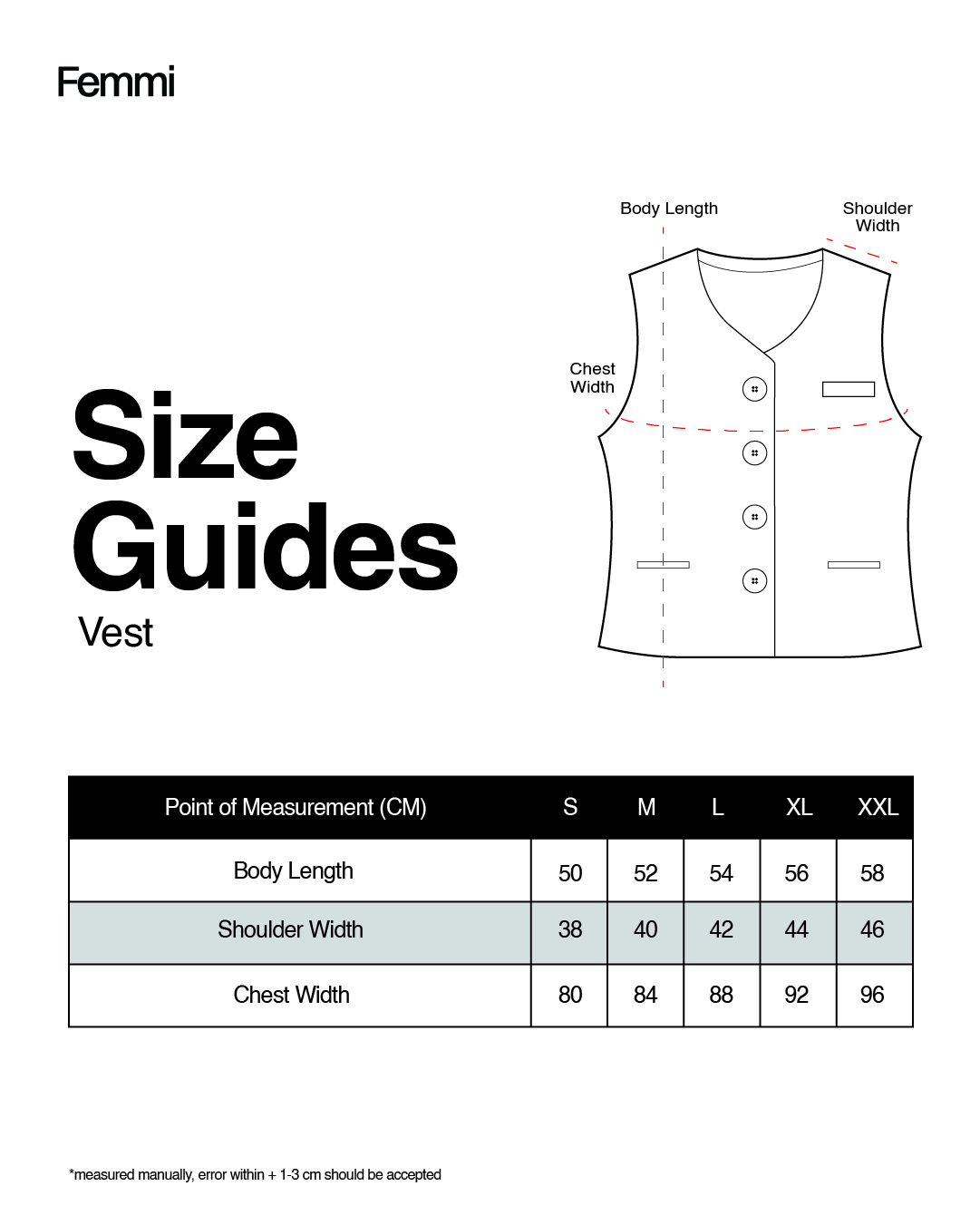 Size guide for Black Elia Vest